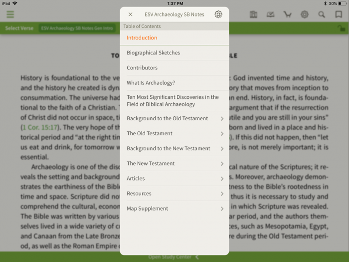 ESV Archaeology Study Bible table of contents