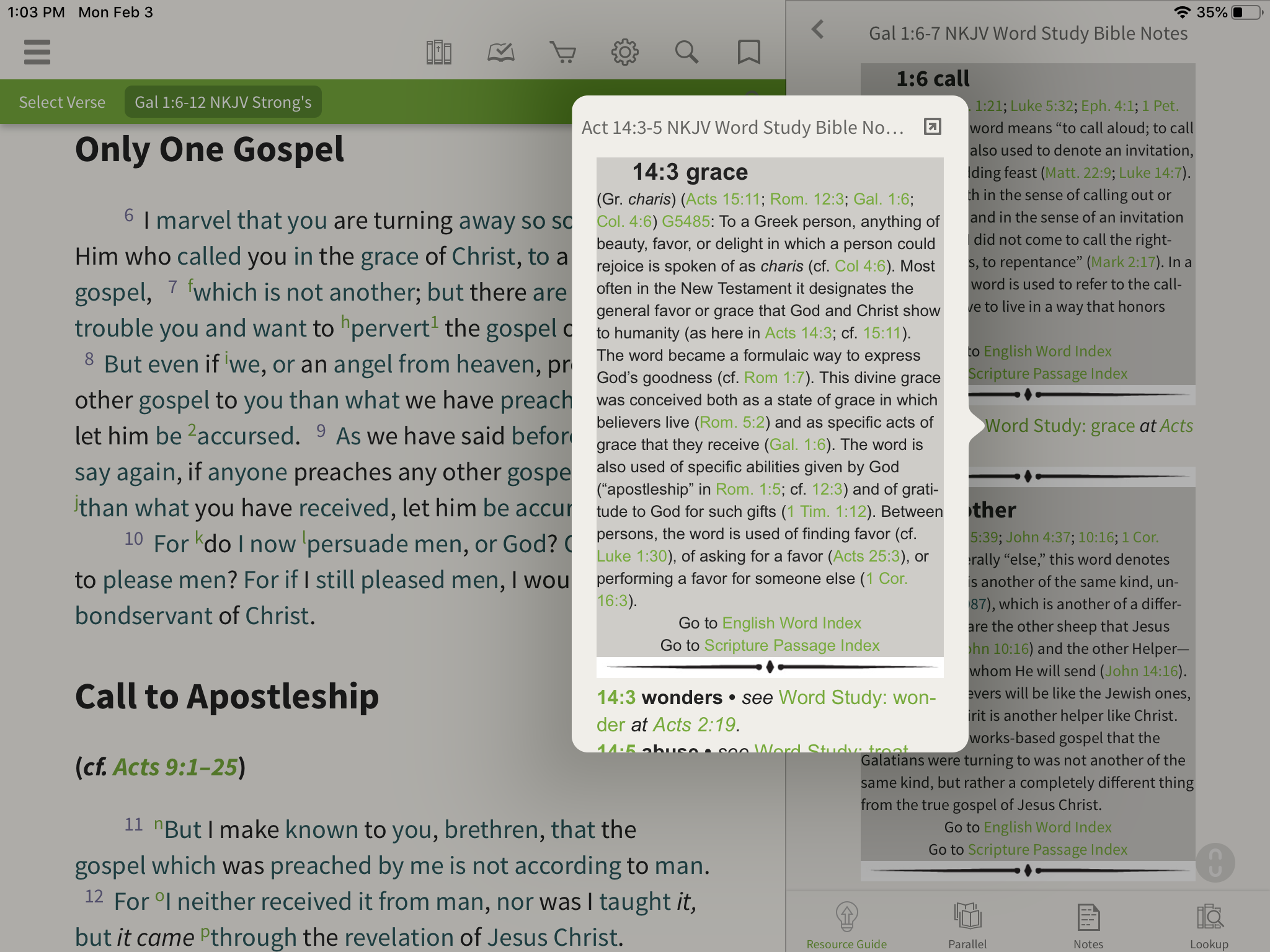 pop up window with word studies in the olive tree bible app