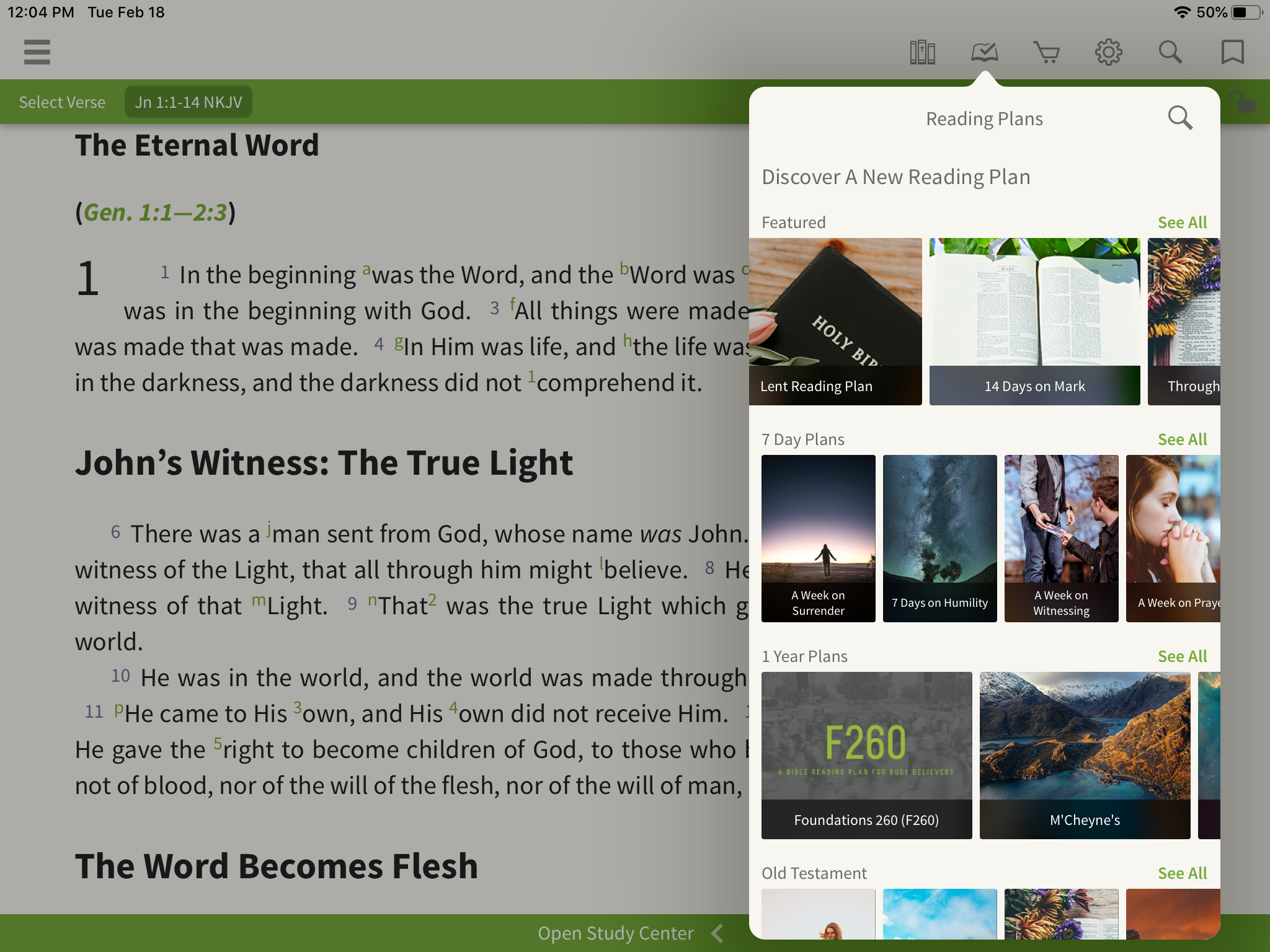 reading plans open in the olive tree bible app