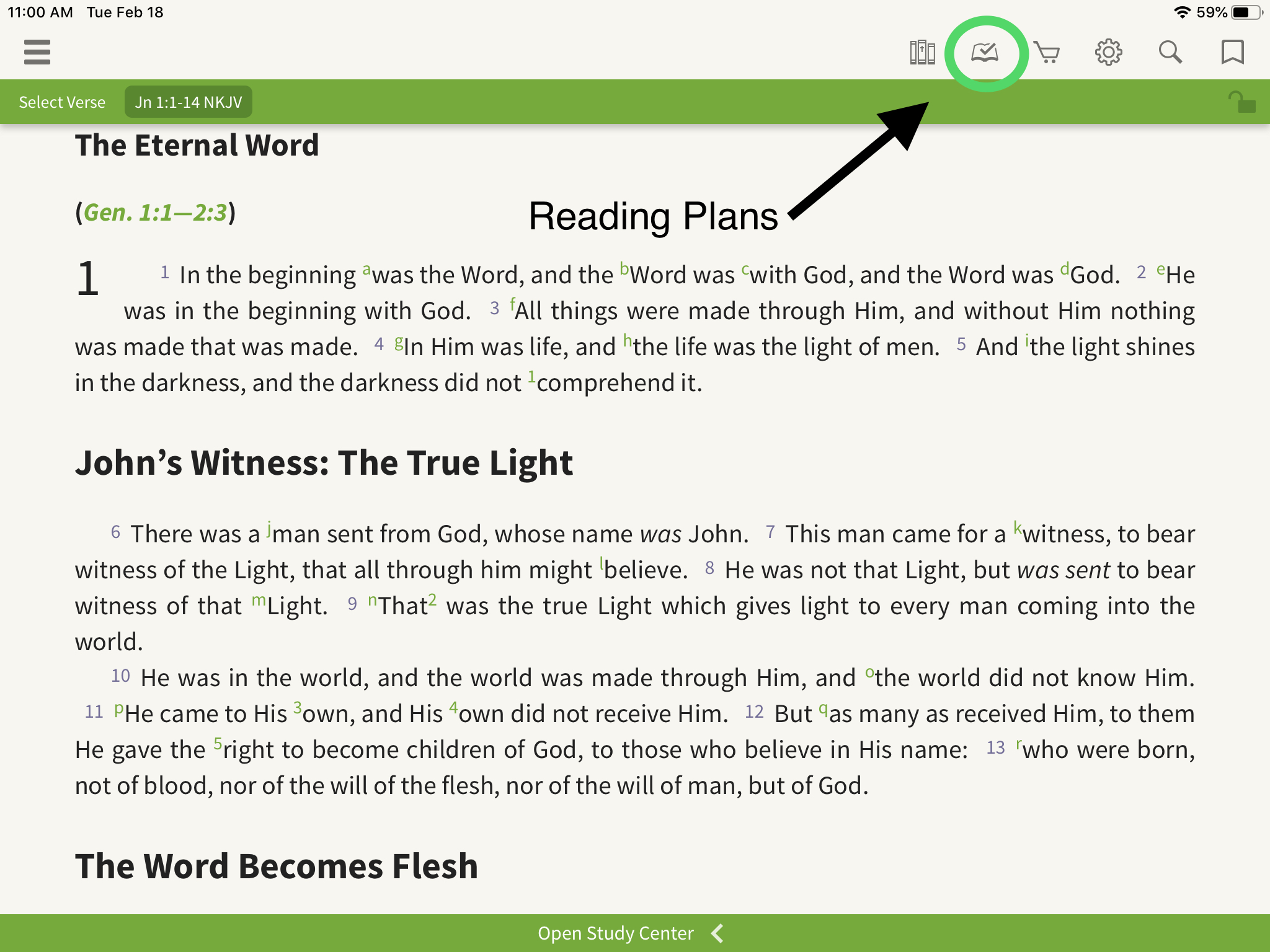 Olive Tree Bible App arrow pointing toward reading plan page