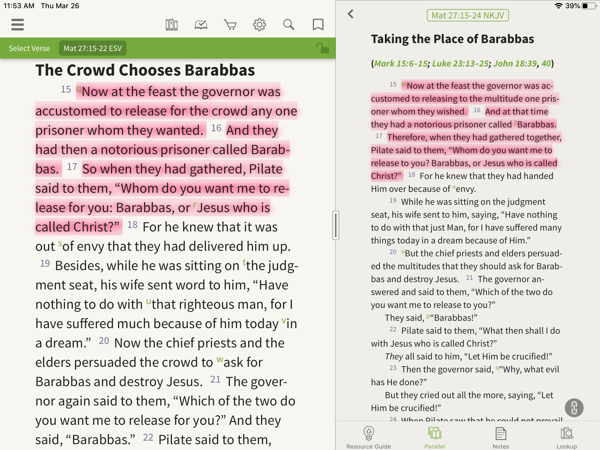 Olive Tree Bible App with Parallel Bible open