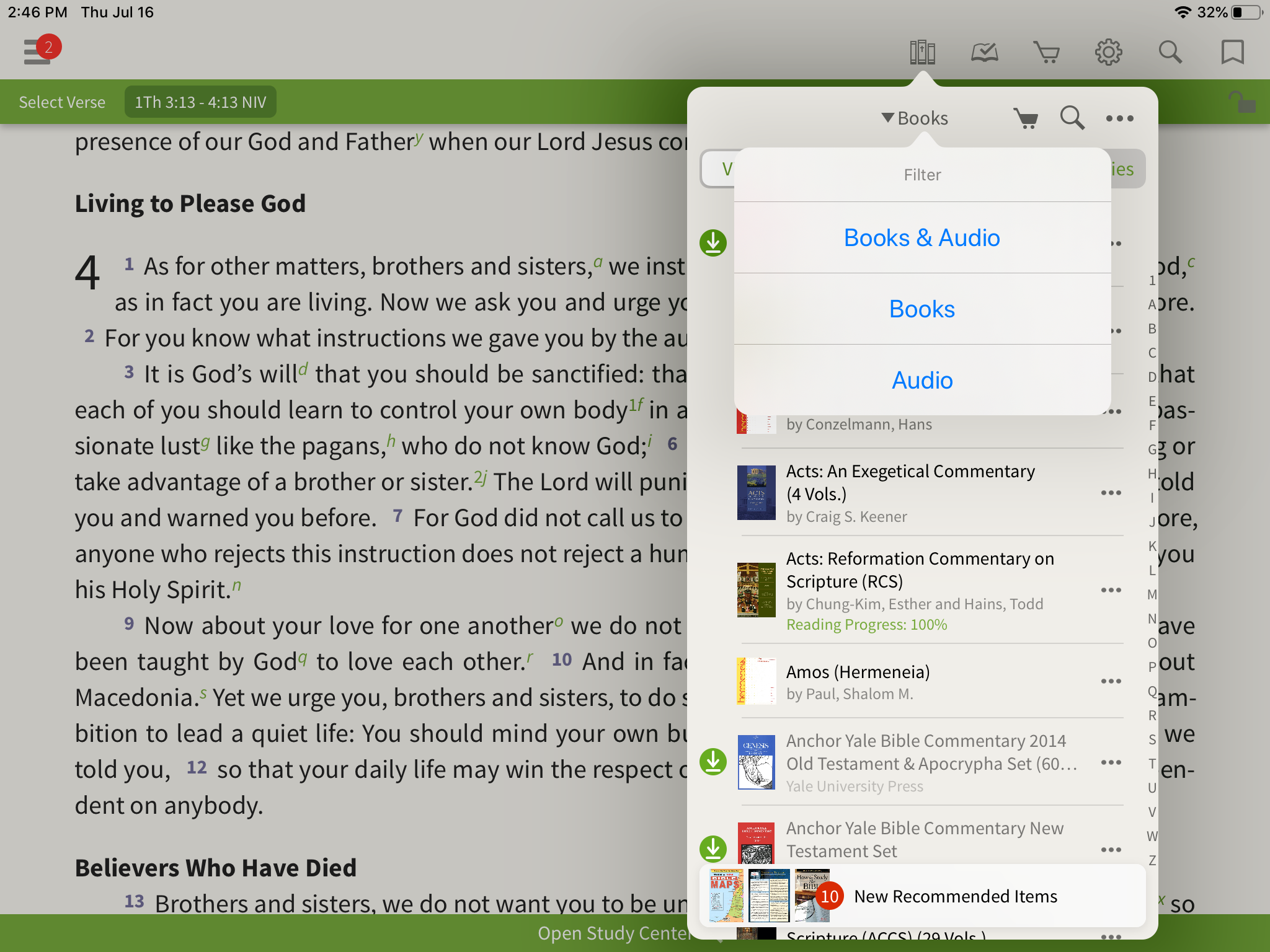 Switching between books and audio in the library of the Olive Tree bible App