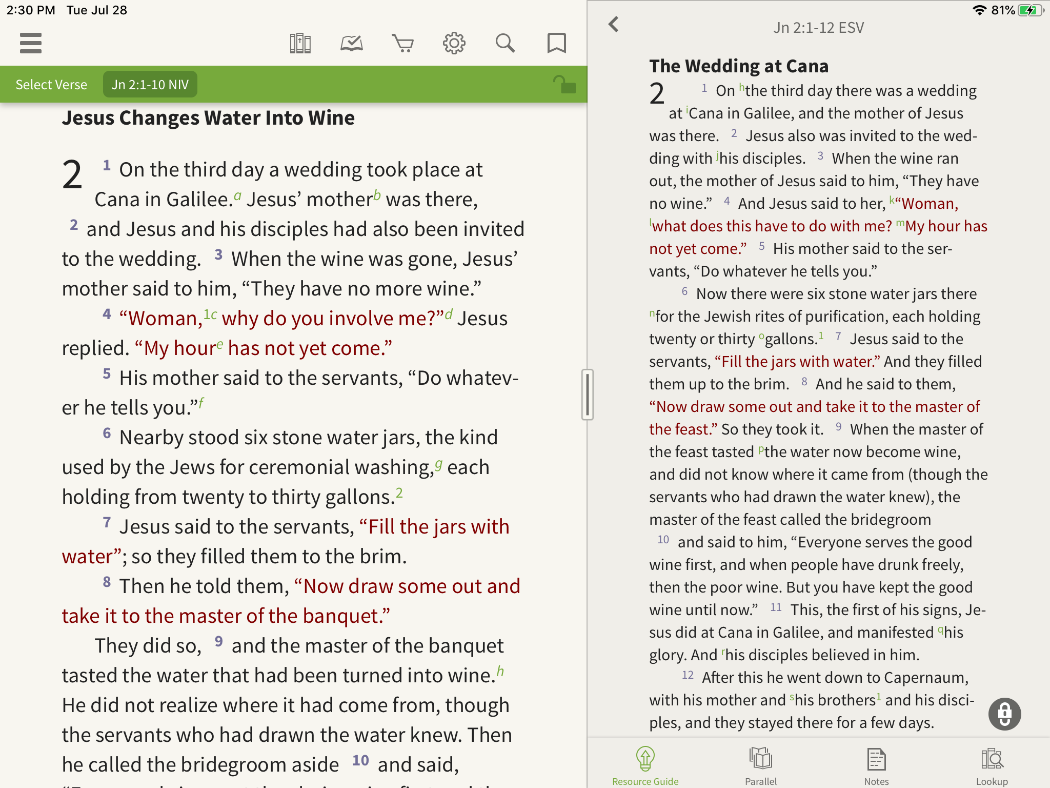 two bible translations in the olive tree bible app