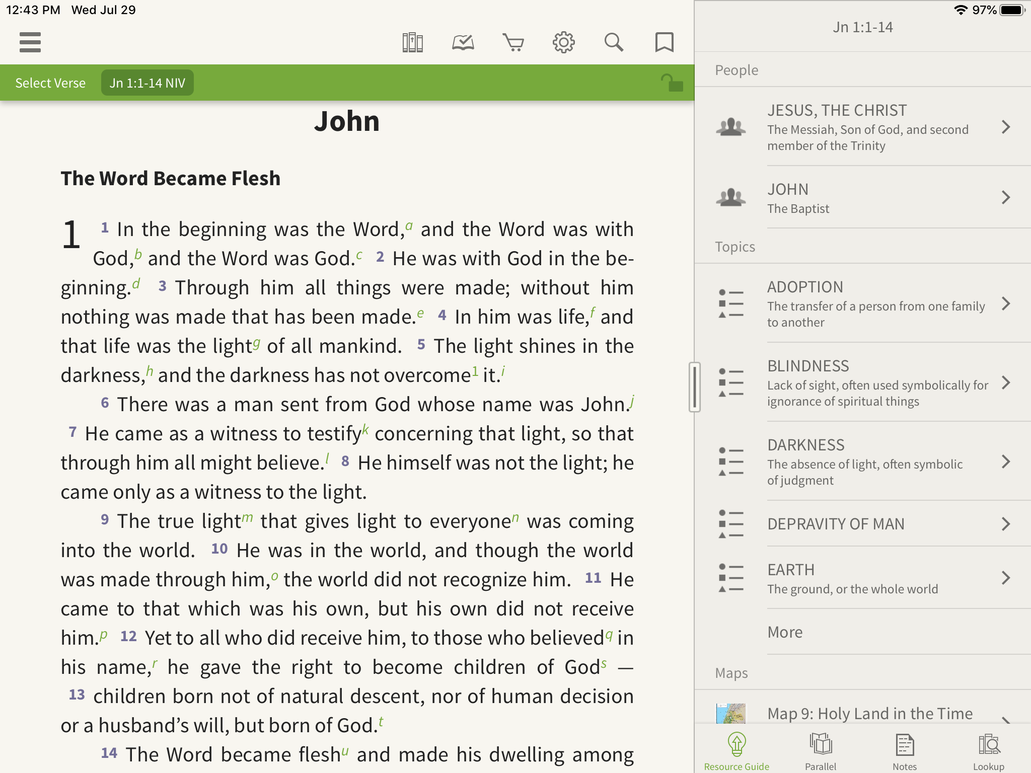 opening people, topics, and places in the olive tree bible app