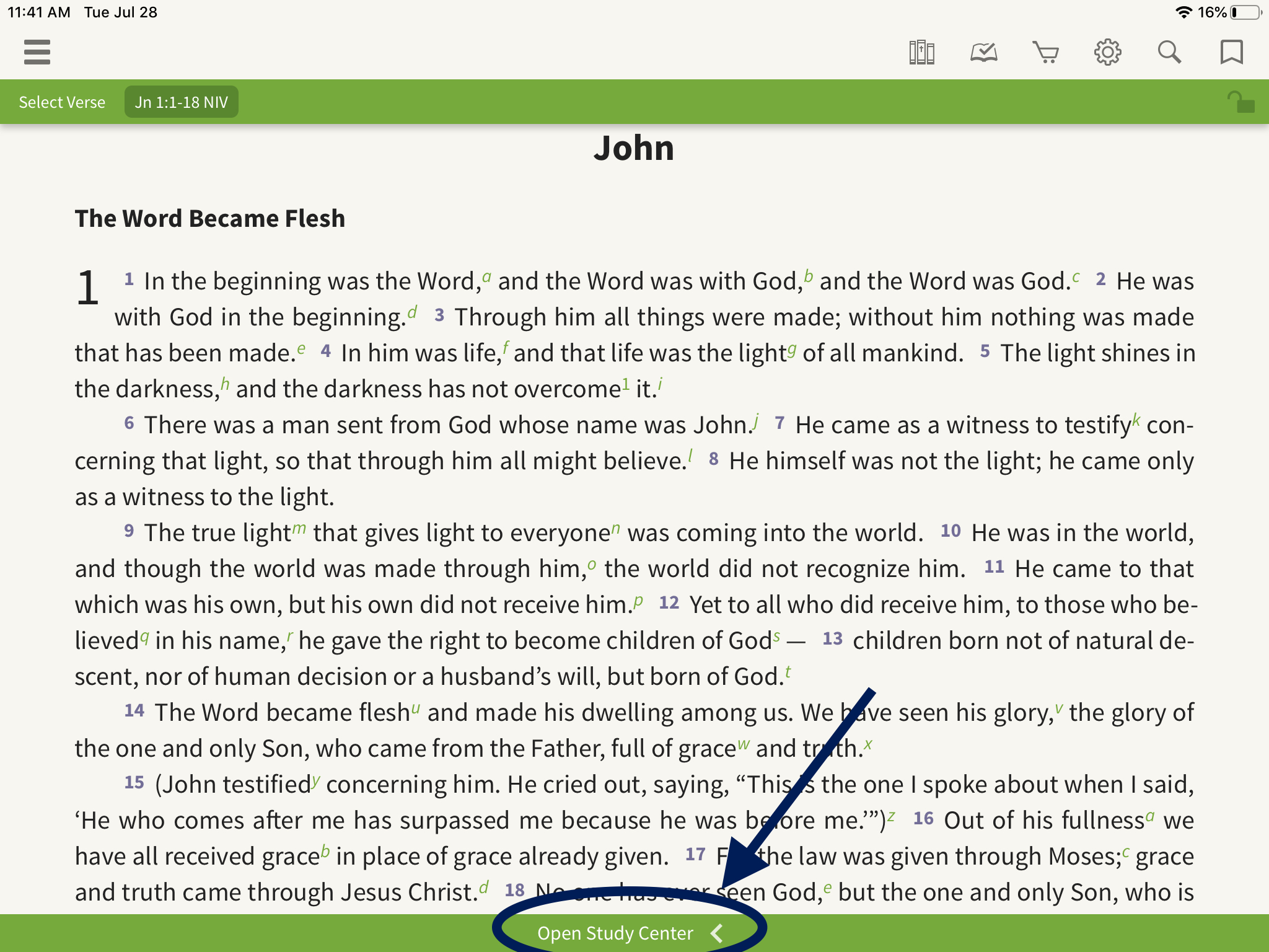 how to open the study center in the olive tree bible app