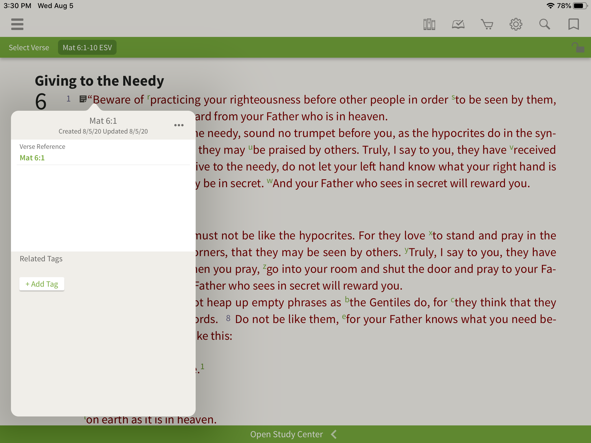 verse-based note in the olive tree bible app