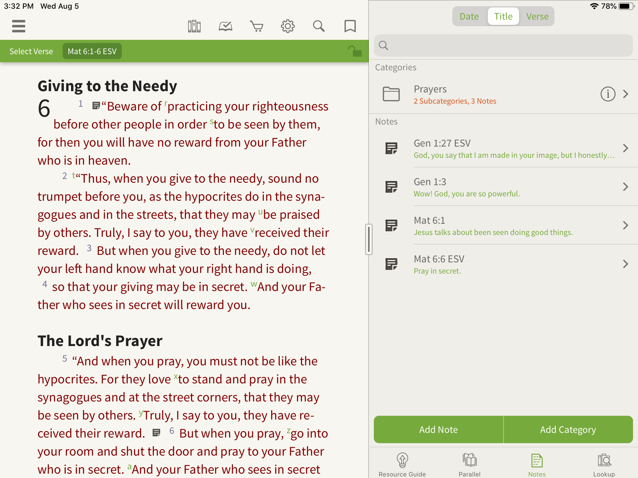 organizing notes in the olive tree bible app