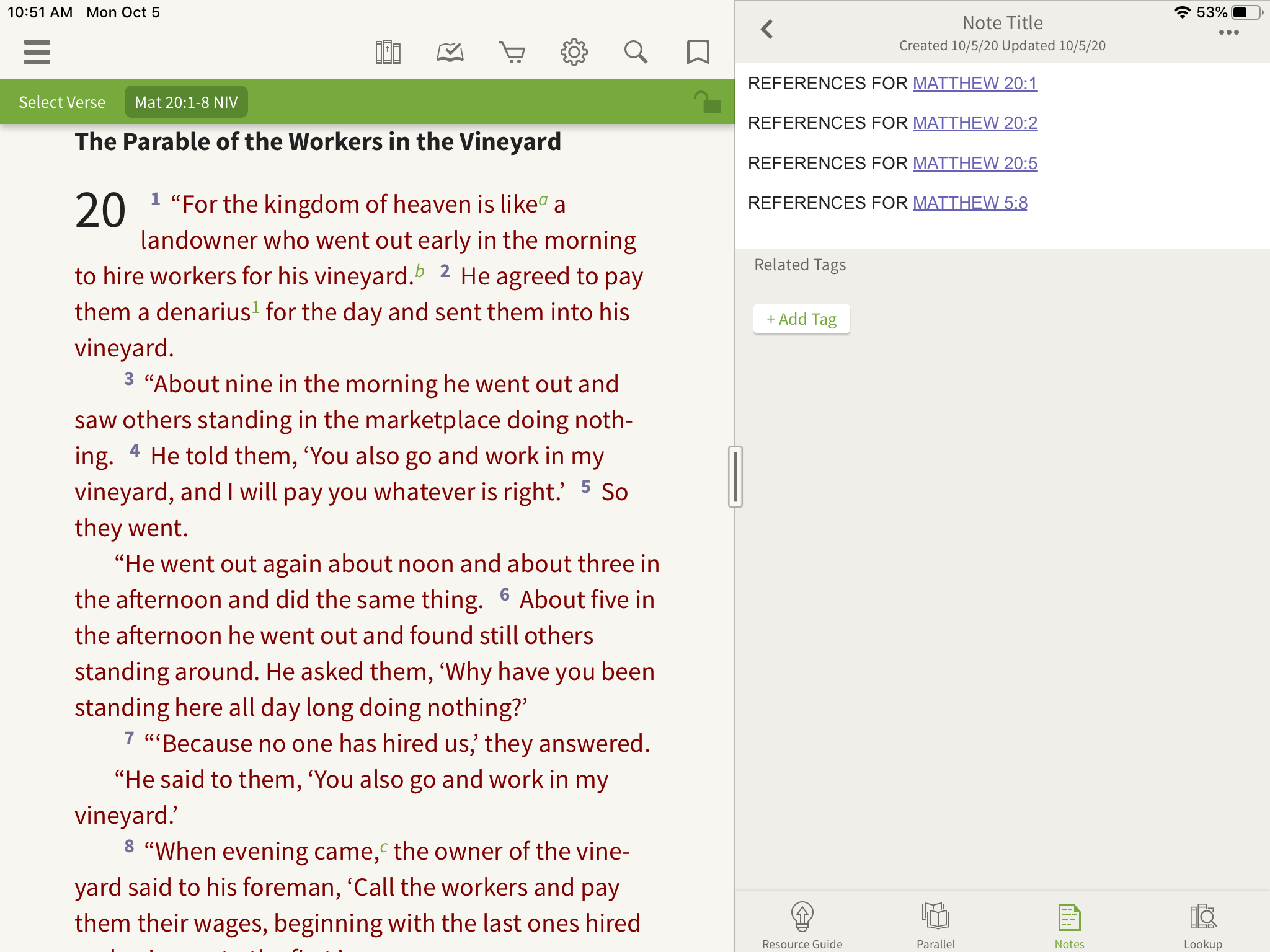 opening a note and writing down verse references in the olive tree bible app